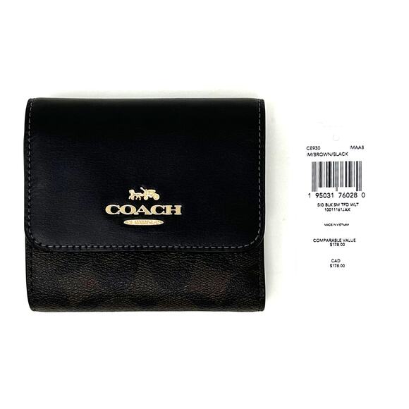 Coach Small Trifold Wallet In Blocked Signature Canvas Brown Black Leather CE930 - Picture 2 of 6